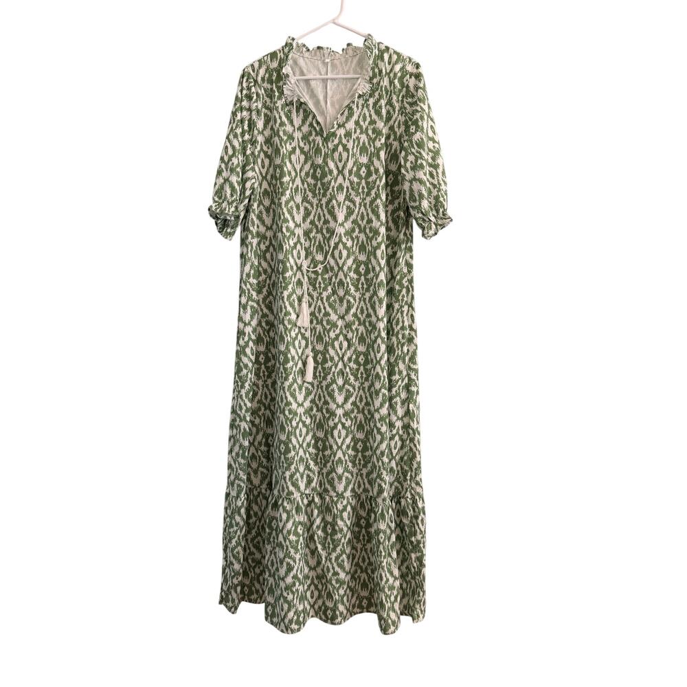 Green & White Ikat Print Boho Maxi Dress | Tiered Ruffle Hem | 3/4 Sleeve Sz XL